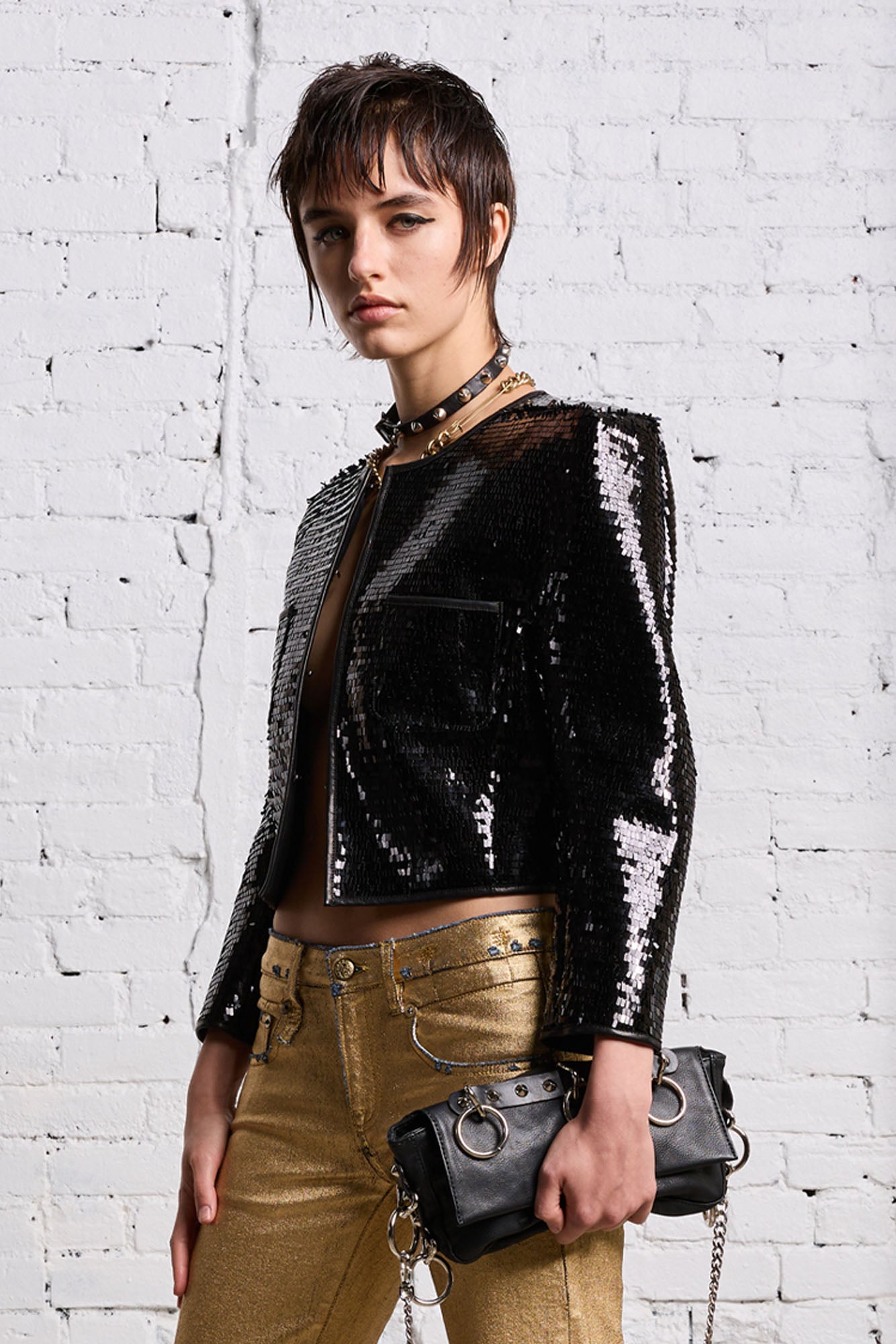 SQUARE SHOULDER SEQUIN JACKET - BLACK - R13