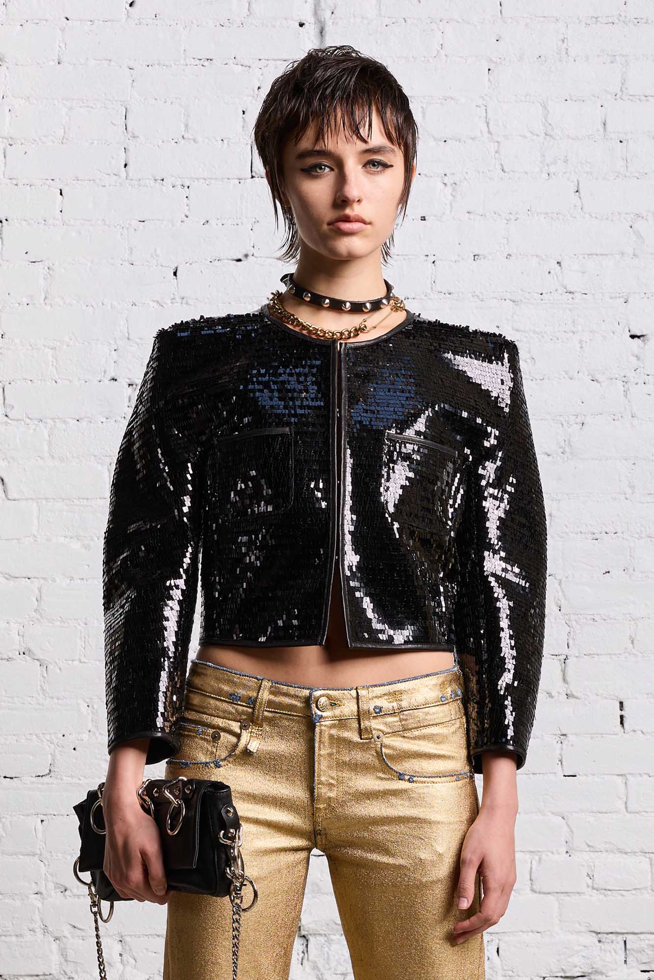 SQUARE SHOULDER SEQUIN JACKET - BLACK - R13