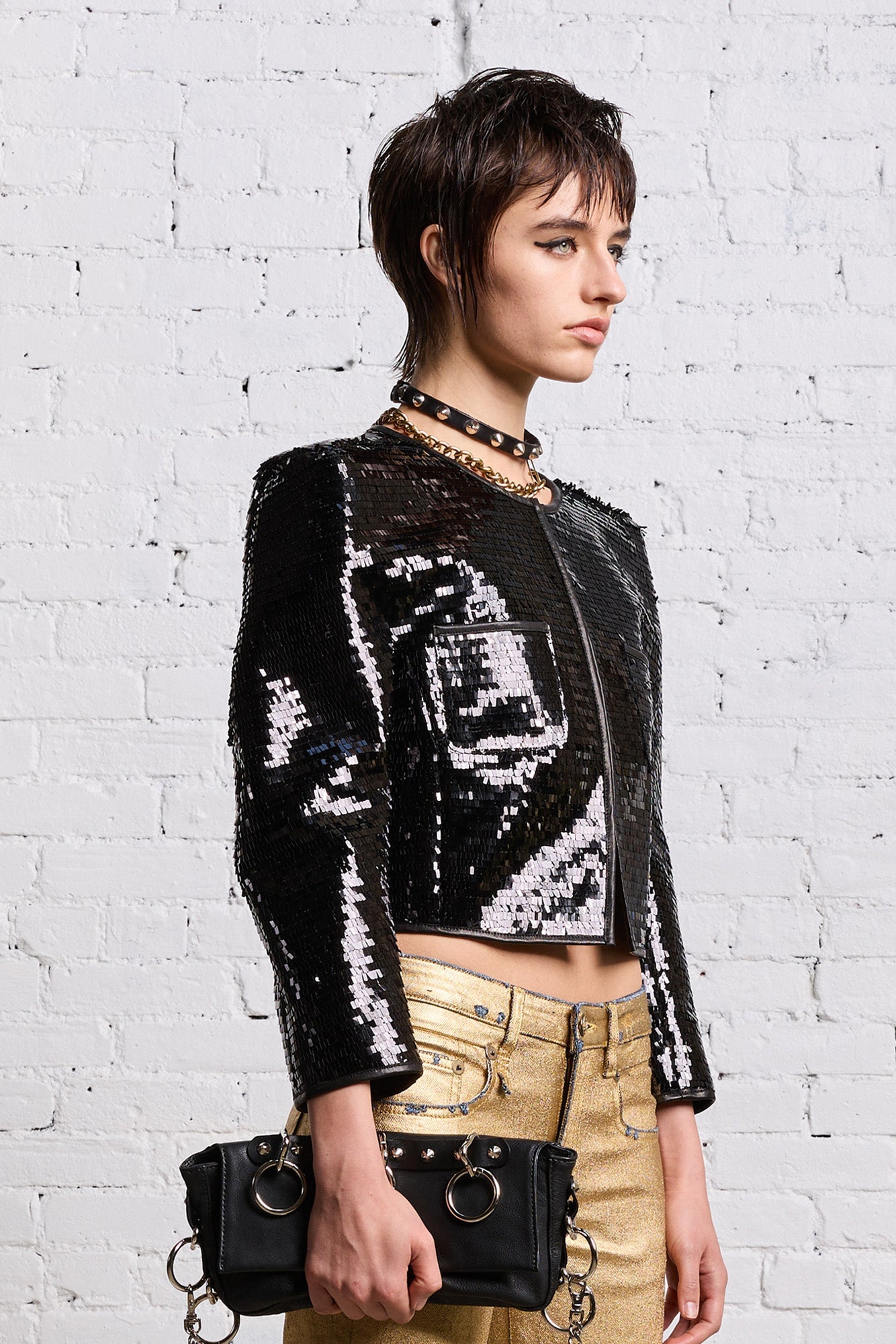 SQUARE SHOULDER SEQUIN JACKET - BLACK - R13