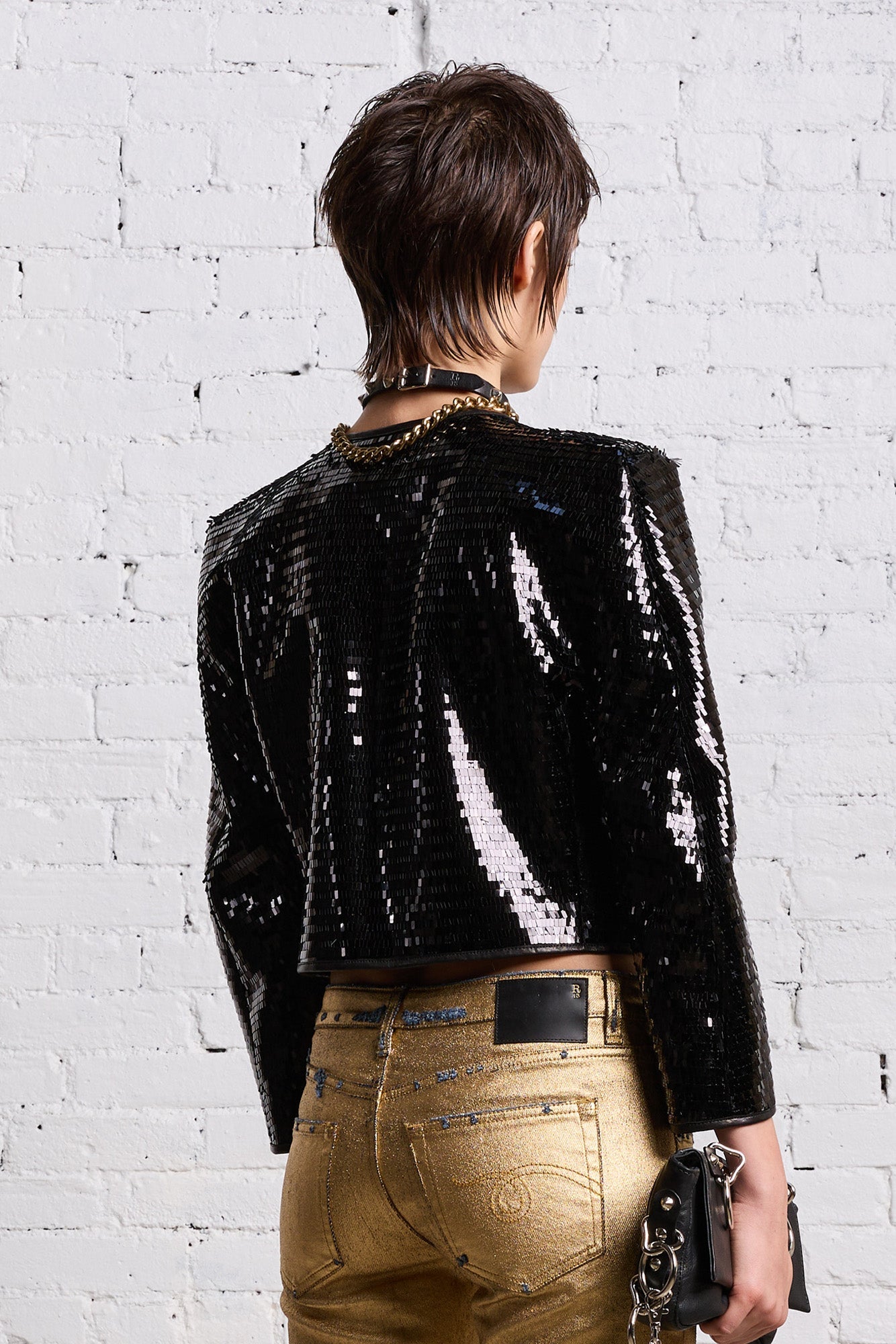 SQUARE SHOULDER SEQUIN JACKET - BLACK - R13