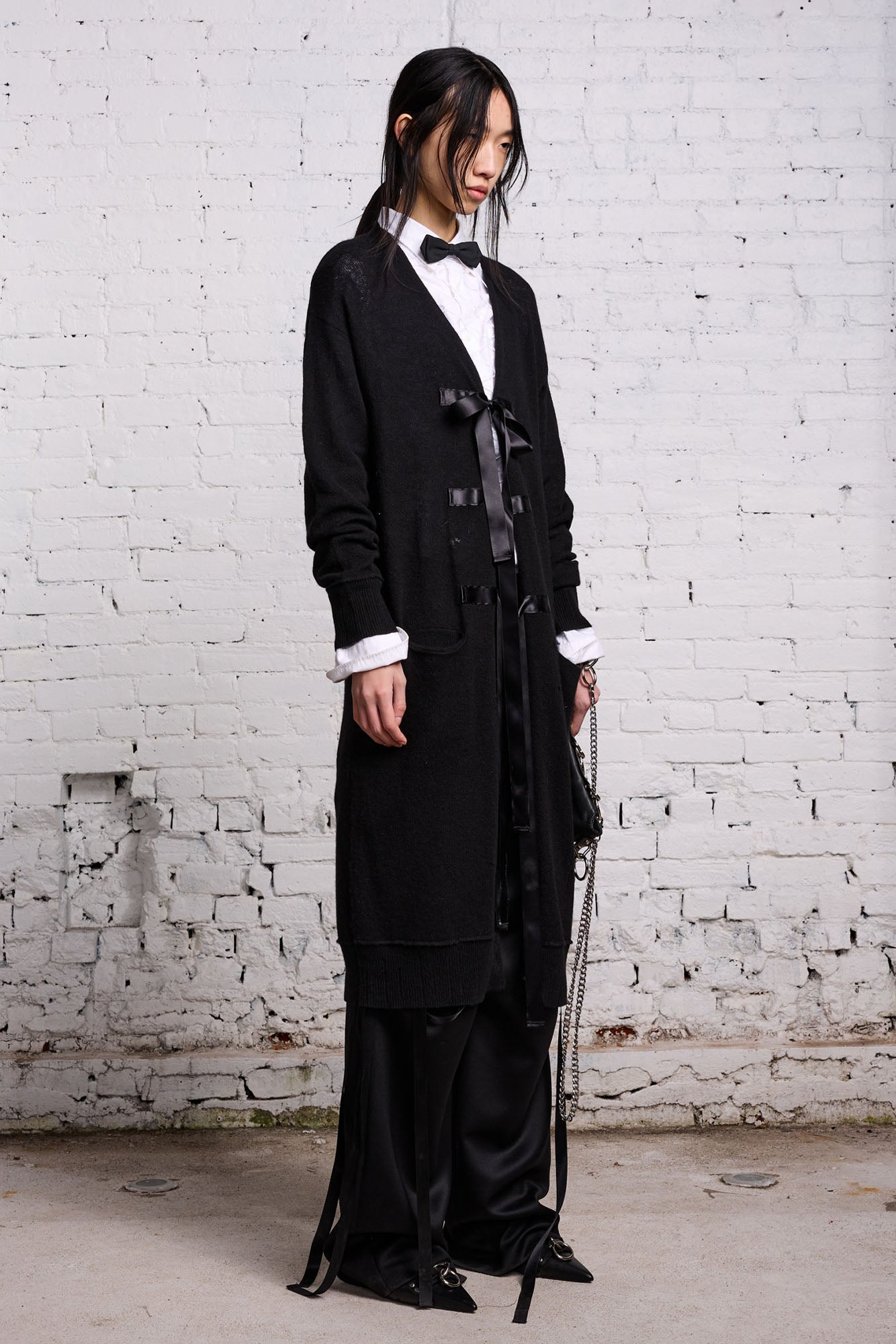 TAPE TIE LONG CARDIGAN - BLACK AND SATIN - R13