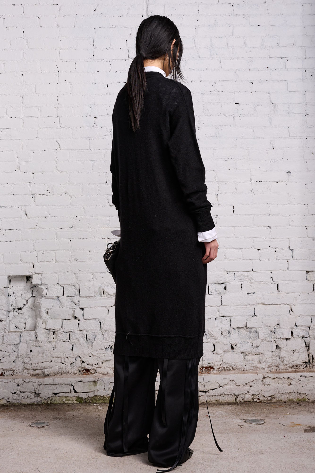 TAPE TIE LONG CARDIGAN - BLACK AND SATIN - R13